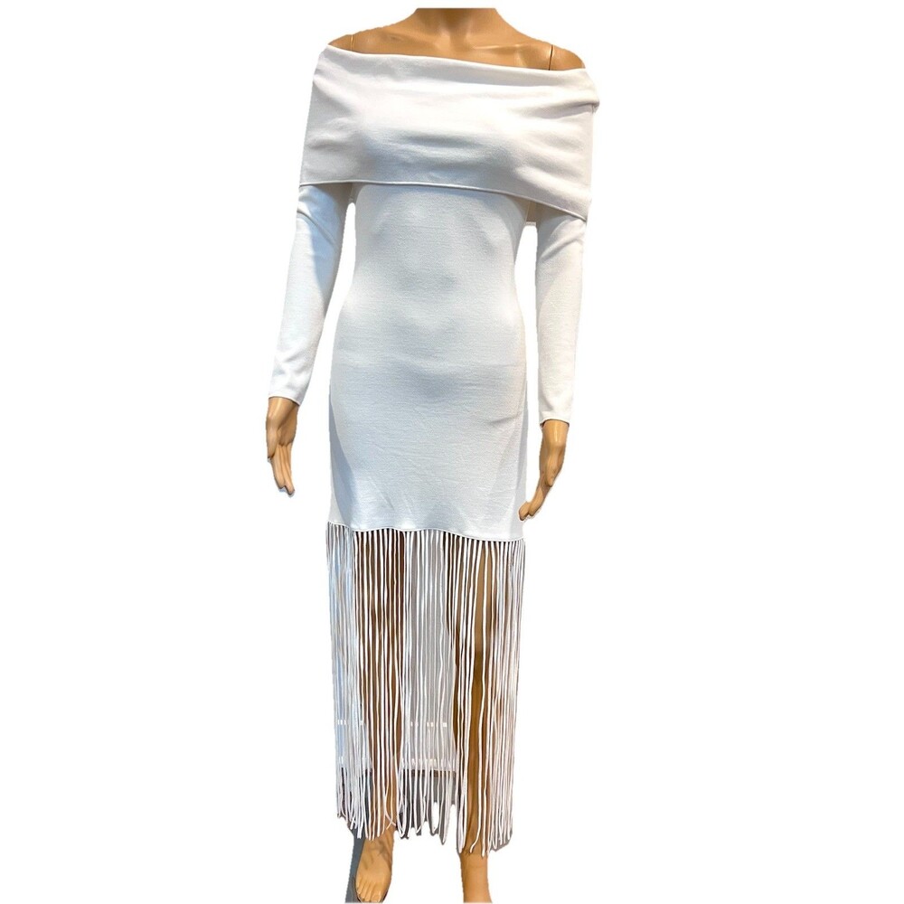 Zara Off the Shoulder Fringe Stretch Midi Dress White Women Size Large